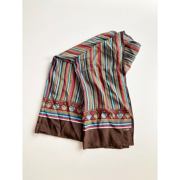 Echo Accessories - Vintage ECHO Brown Striped Art Nouveau Silk 46" x 15" Rectangle Scarf